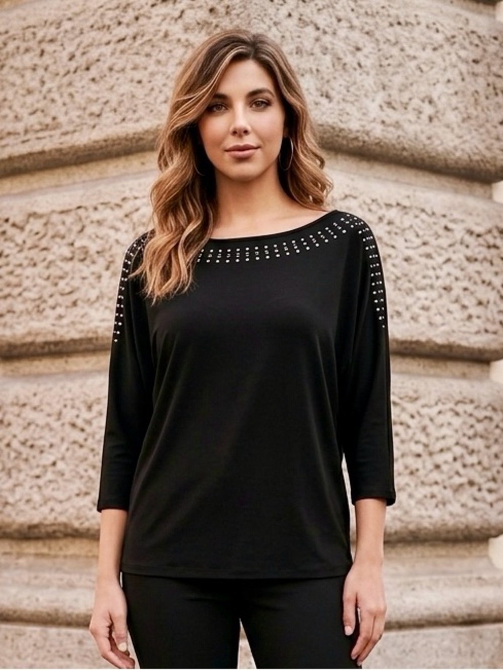 Belle by Belldini Black Studded Boatneck Dolman Sleeve Relaxed Fit Top